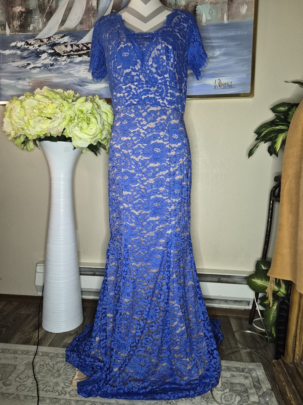 Vintage May Queen Royal Blue Lace Evening Gown